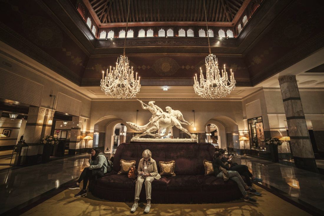 Hotel lounge with chandeliers